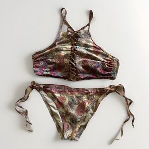 Nanette Lepore Bikini Swimsuit Womens Small‎ Paisley Print Lace Up Halter Top